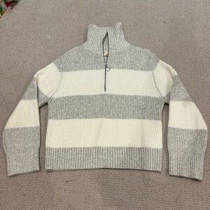 Gray and White Striped Half-Zip Sweater